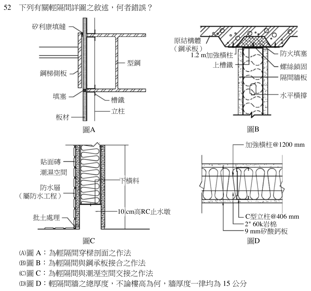 113 年建築師建築構造與施工第 52 題附圖